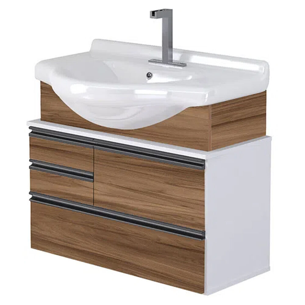 Gabinete Suspenso para Banheiro com Lavatório e Espelheira Firenze 72,5cm Nogal Sevilha A.J. Rorato